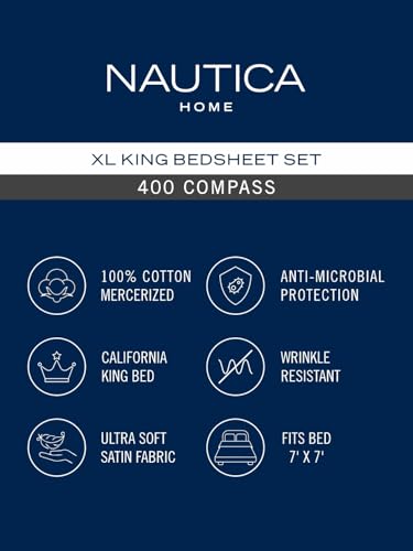 NAUTICA Super Soft 100% Cotton XL King Size Bedsheet with 2 Pillow Covers -3pc Set (compass-400) | 400TC | Ultra Soft Satin Fabric Solid-jeanblue