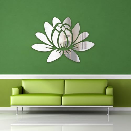 SPARKSBAE Silver Mirror Self Adhersive Acrylic Sticker Featuring Lotus Flower Wall Decals Design for Living Room, Bed Room, Hall, Kitchen, Foyer Wall Decor DIY (Silver | 30X21cm| 17 Pieces)