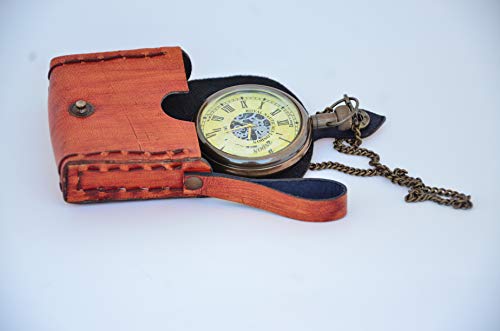 USEW Handmade Roman Dial Antique Vintage Style Brass Clock with Chain and A Brown Leather Case