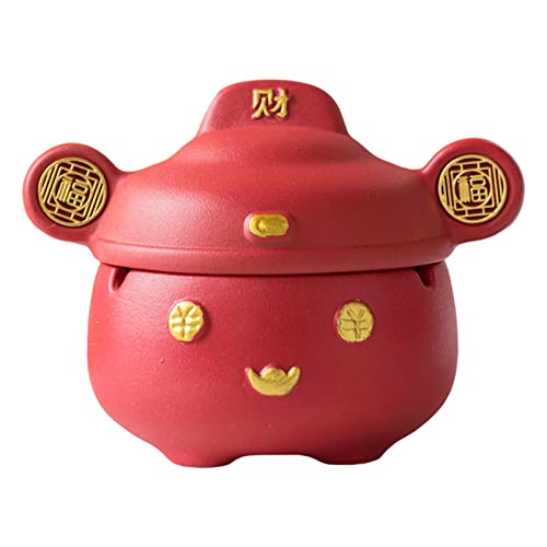 MYADDICTION Chinese God of Wealth Ashtray with Lid Feng Shui for Home Indoor Gift Red