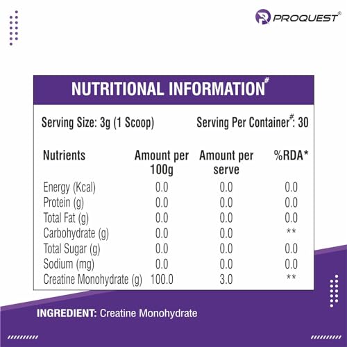 PROQUEST CreaQuest - Pure Micronized Creatine Monohydrate (90G, 30 Servings) Unflavoured, Lab Tested & Certified | Rapid Absorption | Enhanced Muscle Strength & Power | Fast Recovery