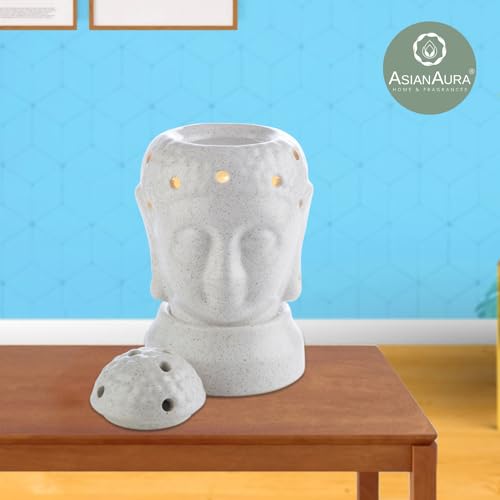 Asian Aura Handcrafted Ceramic Electric Buddha Shaped Aroma Diffuser| Aroma Oil Burner for Aromatherapy| Home Decor and Fragrance with Aroma Oils(English Lavender & Rosy Romance Scent 10ml Each)