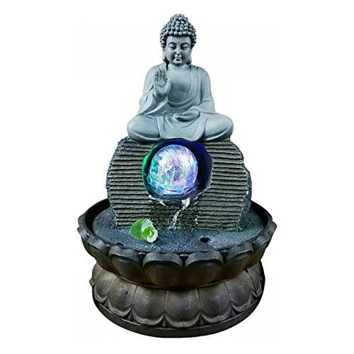 SAZ DEKOR Buddha Resin Statue LED Lights Office Meditation Tabletop Water Fountain