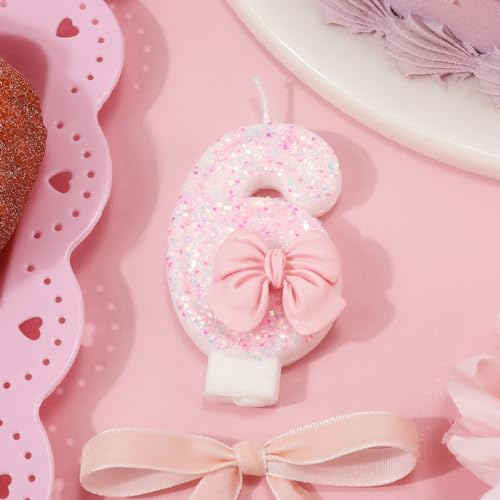 0-9 Birthday Candles, 2.95 inch Pink Bow Glitter Number Candles Cake Topper Decorations for Kids Girls Adults Birthday Wedding Anniversary Party Supplies(6)