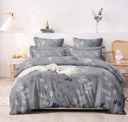 SHOVIJ Super Soft King Size Glace Cotton Elastic Fitted Bedsheet for Double Bed, King Size 78 X 78 X 10 Inches, fits Upto 10 inch Mattress with 2 Large Size Pillow Covers - Grey Leaf