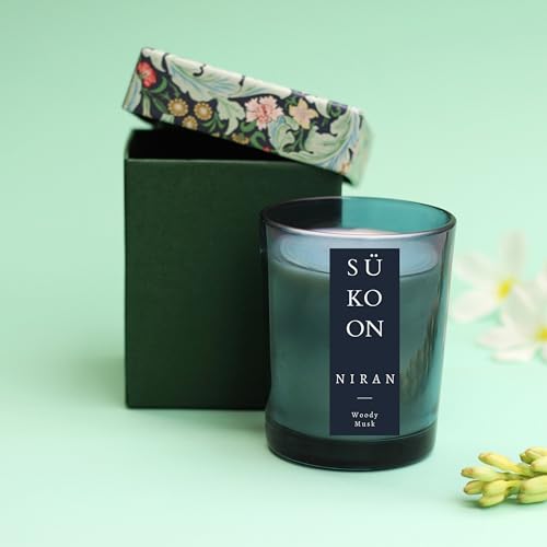 Sukoon Niran Woody Musk Scented Soy Wax Candle with Upto 40 Hr Burn Long Lasting Fragrance Candle Perfect for Home Décor (Pack of 1)