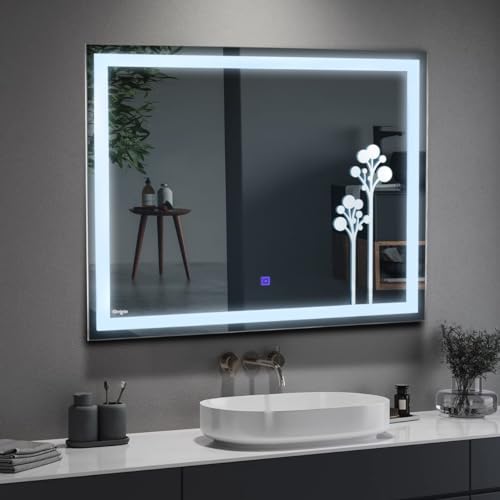 Crystal Indian Decorative Glass Led Rectangle Wall Mounted Washroom Mirror with Triple Light with Plant Print Design (24 X 24)