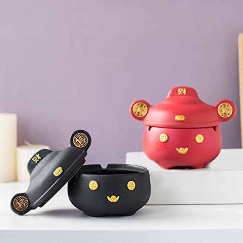 MYADDICTION Chinese God of Wealth Ashtray with Lid Feng Shui for Home Indoor Gift Red