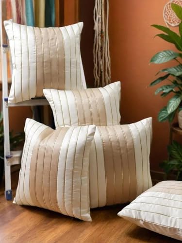 Gifts Island Set Of 5 Cream & Beige Polyester Silk Gold-Tone Striped Square Cushion Covers 16 Inch X 16 Inch (40.64 X 40.64 Cm, Cream), 350 TC