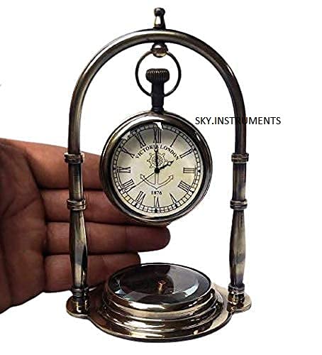 Sky Instrument Brass Nickil Hanging Watch Victoria London Antique Brass Hanging Table Watch with Directional Compass Full Brass Frame for Your Office Table Best Gift for You