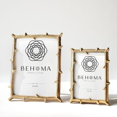 BEHOMA Golden Elegant Metal Twig Designer Photo Frame - Perfect for Home Decor, Table Decor, Gifting Purpose (4x6 Inches) (Small) & (6x8 Inches) (Large) Set of 2