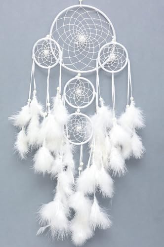 Dhruvtar Dream Catcher DT01 Nylon, Wood, Feather, Wool Windchime (21 inch, White)