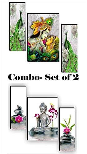 SAF paintings Religious Radhe Krishna UV Textured Painting Set of 3 (18 Inch X 12 Inch, Multicolour, SANFJM31085) & Set of 3 Buddha Paintings for living room Painting 12 Inch X 18 Inch SAF-JM7712