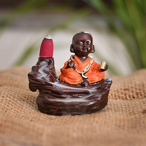 Collectible India Rakhi Gifts for Brother Combo Set - Rakshabandhan Gift for Brother - Monk Buddha Smoke Backflow Cone Incense Showpiece, Rudraksh Rakhi, Krishna Rakhi, Lumba Rakhi, Greeting Card