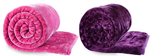 GlobalHome Soft Korean Floral Embossed Microfiber Double Bed Blanket, 86 X 88 Inch, (Pink + Purple) Pack of 2