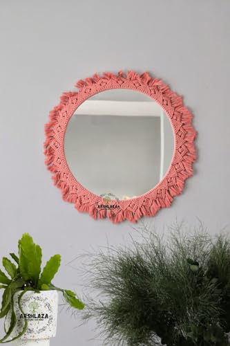 ARSHLAZA Macrame Hanging Wall Mirror with Macrame Round Mirror Art Boho Decor [MPINK4] Framed, Off-White