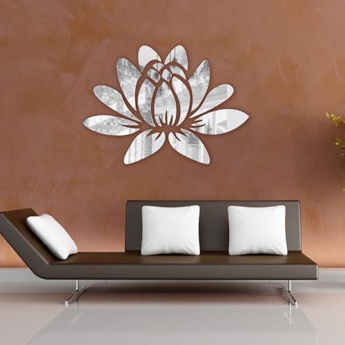 SPARKSBAE Silver Mirror Self Adhersive Acrylic Sticker Featuring Lotus Flower Wall Decals Design for Living Room, Bed Room, Hall, Kitchen, Foyer Wall Decor DIY (Silver | 30X21cm| 17 Pieces)