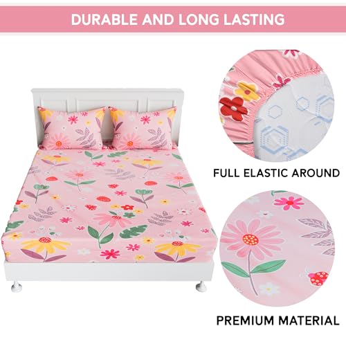 Heart Home Cotton Fitted Bedsheets For Double Bed With 2 Pillow Covers Included - Elastic Design Bedspread With 72x78 Inch Size - Pink