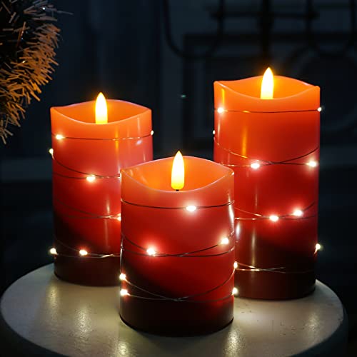 Xinhidar flameless Candle is Rechargeable, Equipped with Embedded String Lights, 3 LED Candles, 11 Key Remote Control, 24-Hour Timer Function, pulsating Flame, and Real Wax. (Gradient red)