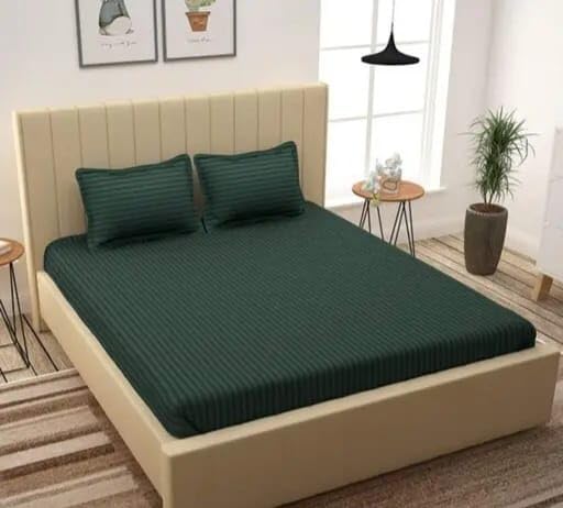 DECOR2ADMIRE 300 TC Glace Cotton All Round Elastic Fitted Plain Stripe Queen Size Bedsheet with 2 Pillow Covers 90 x 100 Inches or 60" x 78" Fits Upto 8 Inch Mattress (Dark Green)