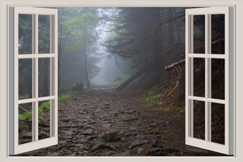 JVERF - JZZA28944 Stones Forests Trail Trees Fog| Self-Adhesive Open Window Wall Sticker