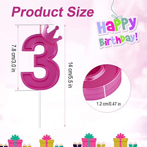 3 Inch Birthday Number Candle, 3D Number Candle with Crown Decor Large Cake Topper Number Candles for Birthday Cakes Wedding Anniversary Graduation Festival Party (Rose Red, 3)