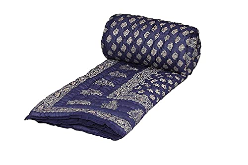 Slickcomfort Rajasthani Traditional Light Weight Pure Cotton Single Bed Soft Jaipuri Floral Print AC Quilt/Razai (Blue Dai Gold)