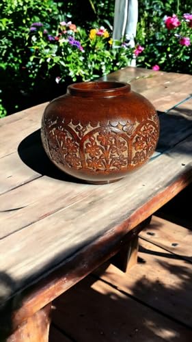 Taksha Decors Carved Wooden Vase | Traditional Indian Matka | Home Decor | Garden Decor | Teak Wood | Flower Vase | Carved Wood | 12 inches