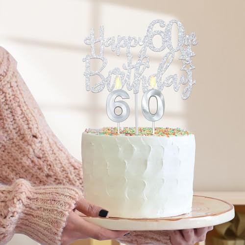 60th Birthday Decorations Women Include Silver 60th Birthday Tiara and Sash, Silver 60th Birthday Candles and Cake Topper, Silver 60th Birthday Balloons for 60th Birthday Gifts Women