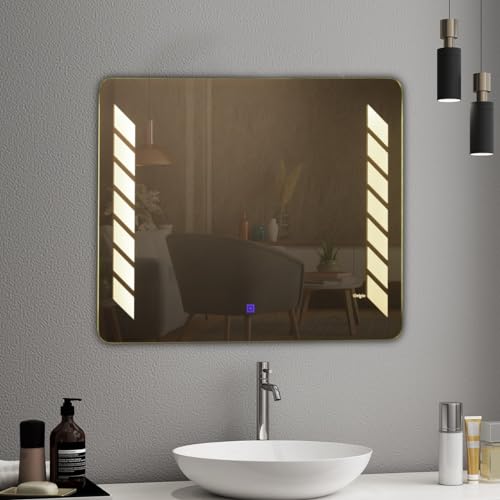 Crystal Indian Rectangular Shape LED Mirror with Double Screen Touch Sensor, Wall Mounted for Bathroom, Bedroom & Makeup Room,Vanity Mirror (24X24)