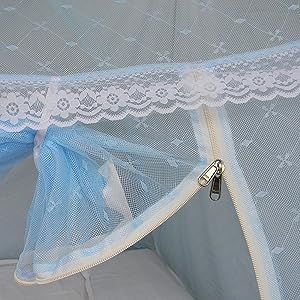 Healthy Sleeping Foldable Pop up Polyester Mosquito Net for Double Bed, Strong & Durable Mosquito Net, King, Queen Size Foldable Machardani (Embroidery Sky Blue 1)