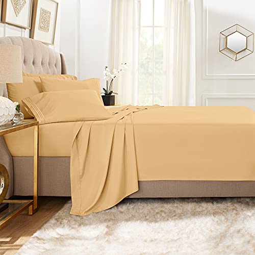 Clara Clark Premier 1800 Collection 6pc Bed Sheet Set with Extra Pillowcases - Queen, Camel Gold