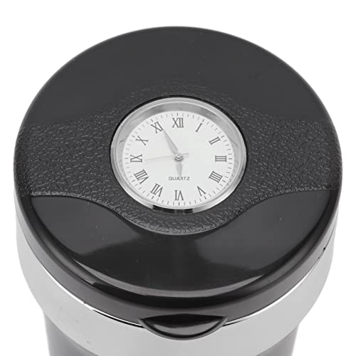 Mini Car Ashtray, Easy to Clean LED Light Clock Stainless Steel Inside Car Ashtray for Outdoor (Black Silver)