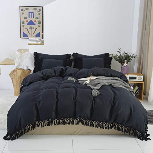 Softta Black Bedding King 3 Pcs Bohemian Style Modern Bedding Girls Bedding Fringed Tassel and Ruffle 100% Pure Cotton