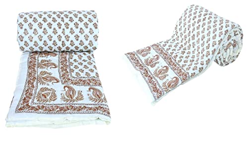 SIBLEY Cotton Jaipuri Light Weight Traditional Rajasthani Print Single Bed Quilt/Razai/Rajai (Design 3, Single Bed - Set of 2 - Off White)