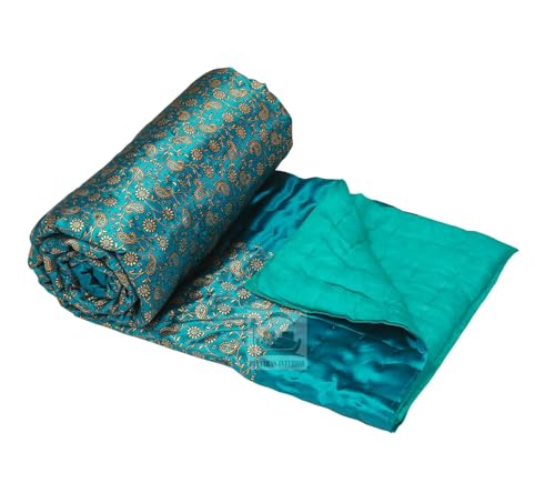 AARMOZY Cotton Filled Light Weight Silk Jaipuri AC Quilt/Razai Gold Print Jaipuriya Rajai/Razzai - (Floral, RAMA Green Double Bed)