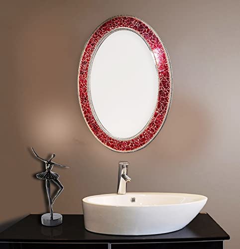 Cheval Glass Beveled Designer Pink Pearls Engraved Oval Wall Mirror with PinkFrame for Home Decor, Wash Basin, Bathroom - (24 X 24 Inches, Pink)