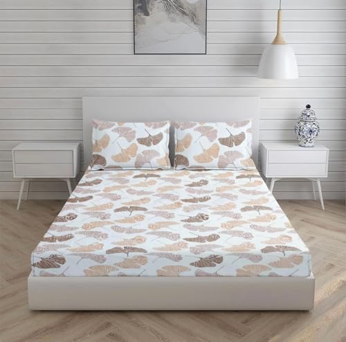 KRRS@Cotton Feel Glace Cotton Elastic Fitted Printed King Size Double Bed Bedsheet with 2 Pillow Cover(72" x78+8’’inches) Elastic On All Around Side to Grip The Mattress (Peach White Flower)