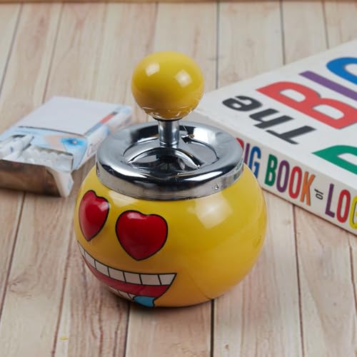Pakhi Decor Smokeless Ceramic Push Down Ashtray for Cigarettes, Round, Yellow Smiley (11380)