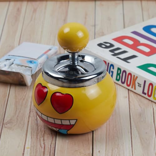 Smokeless Ceramic Push Down Ashtray for Cigarettes Cigars with Spinning Tray Lid Modern Home Decor Tabletop Ash Tray for Smokers, Round, Yellow Smiley (11380)