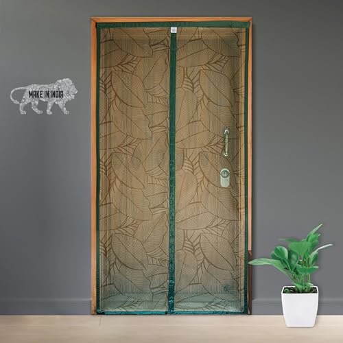 TurtleGrip Door Mosquito Net Curtains with Magnet's New Leaf Pattern. Full Frame Hook & Loop for Main Doors, Bedroom, Kitchen & Balcony Doors(190x90cm,ForestGreen)