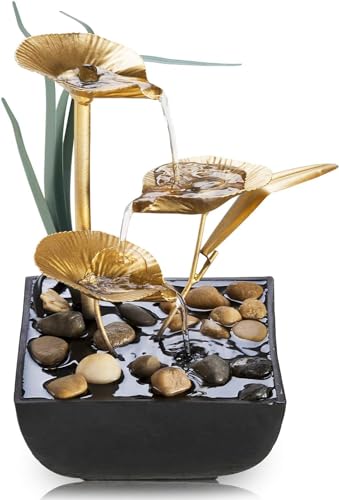 CARTYXOMY Waterfall Fountain Indoor Water Fountain 3-Tier Lotus Desk Relaxation Tabletop Fountain Home Decor Including Lots of Rocks and Soothing Sound Machine (Green Pack of 1)