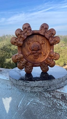 Handcrafted Premium Wooden Skull Ashtray, 18 x 18 cm, Gothic Design with 13 Carved Skulls, 4 Holders
