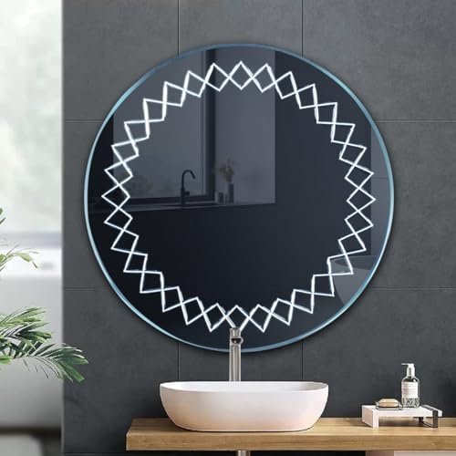 Crystal Indian Decorative Glass Led Circular Wall Mounted Washroom Mirror with Triple Light with Circular Symmetric Lines Design (24 X 24)