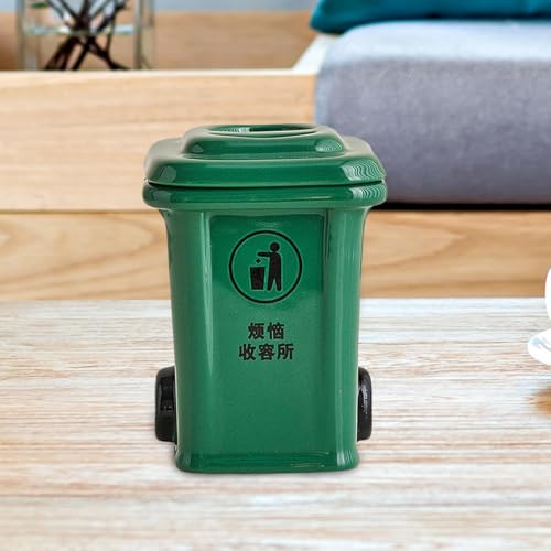 Mini Trash Can Shape Ash Holder Ceramic Portable for Living Room Office Desk Green