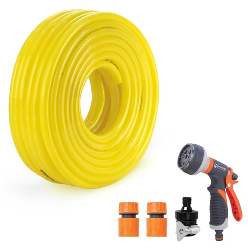 garbnoire 10 Meter 0.5 Inch PVC Heavy Duty Garden Pipe| Hose With Quick Connector, Tap Adapter & 8 Pattern Water Spray Gun For Gardening, Cleaning Outdoor, Indoor Use- Yellow (10 Meter (32.8 Feet))