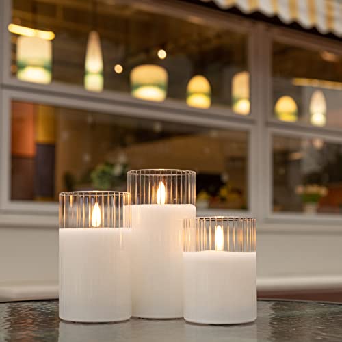 ANGELLOONG Clear Glass Flickering Flameless Candles Battery Operated with Remote Control, LED Pillar Candles with Timer, Romantic Candles for Bathroom Home Decor, Set of 3