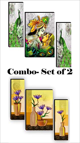 SAF Religious Radhe Krishna UV Textured Painting& Set of 3 Flower UV textured Paintings for living room with frame Painting 12 Inch X 18 Inch SAF-JMS43