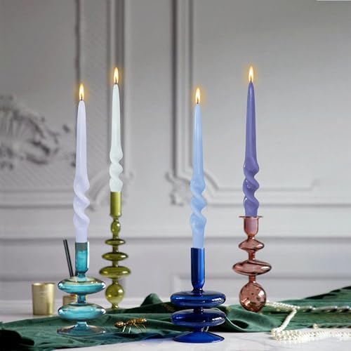 FLAMMUL Tapered Candles Colorful Candlesticks - Twisted Candlesticks 4PCS Spiral Candle Sticks 9.5 Inch Gradient Blue Candlesticks for Home Decor Weddings