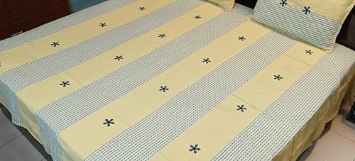 Riti Riwaaz Cotton Lining Double Bed Sheet with Two Pillow Covers, Handloom Cotton Bedsheets | All Season Comfort | Handmade Bedsheet 100 X 105 Inches King Size, 210 TC (Yellow Blue Flower Jaal)